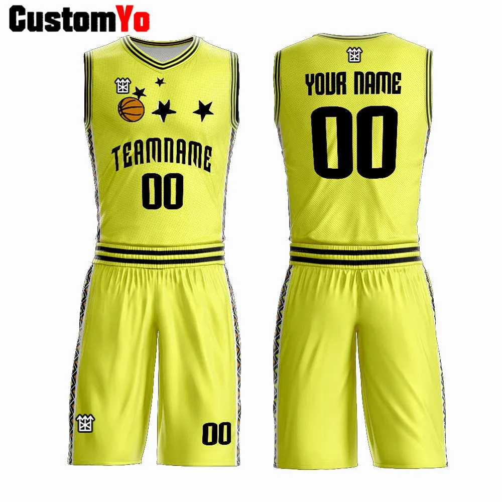 Модный дизайн на заказ желтый красный зеленый белый баскетбольные рубашки сублимационная Двусторонняя баскетбольная форма - Цвет: Yellow Black