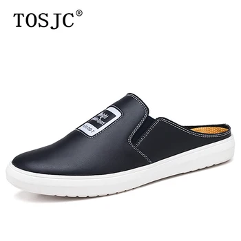 

TOSJC Mens Leather Slippers Outdoor Breathable Half Loafers Outdoor Anti-slip Mules Lightweight Half Shoes for Man Casual Shoes