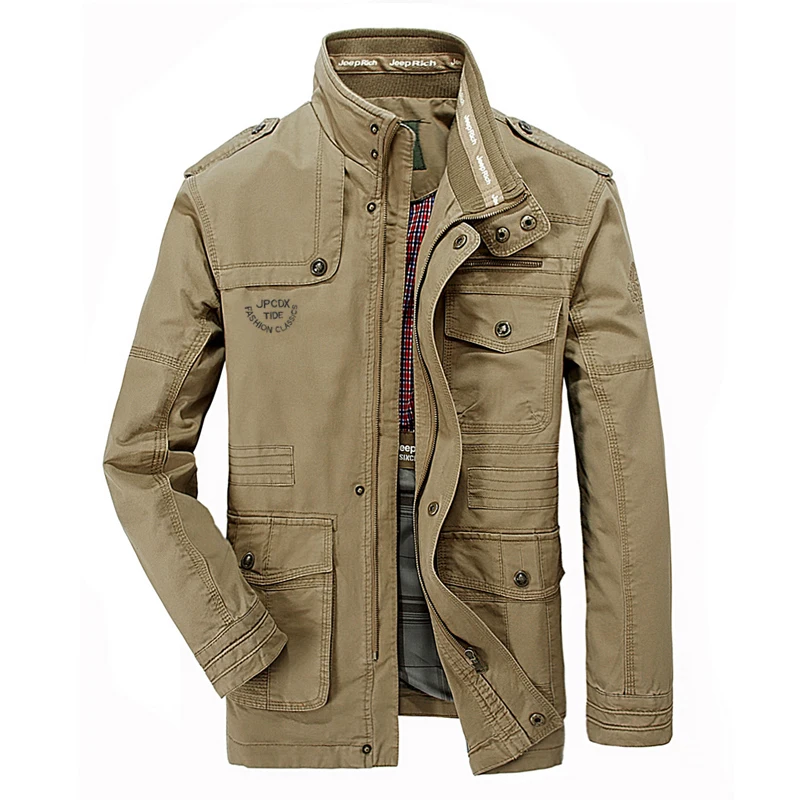 AFS JEEP куртка, большой размер 6XL 7XL, осенняя мужская куртка, хлопок, стоячий воротник, много карманов, средняя длина, Карго, сафари, Военный стиль