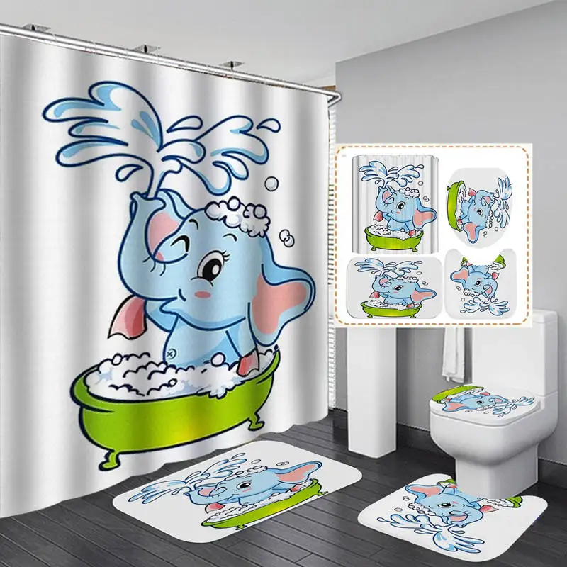

Cartoon Baby Elephant Flannel Bath Mat Toilet Cover Rugs Fabric Shower Curtain With 12 Hooks Children's Home Bathroom Decor Set