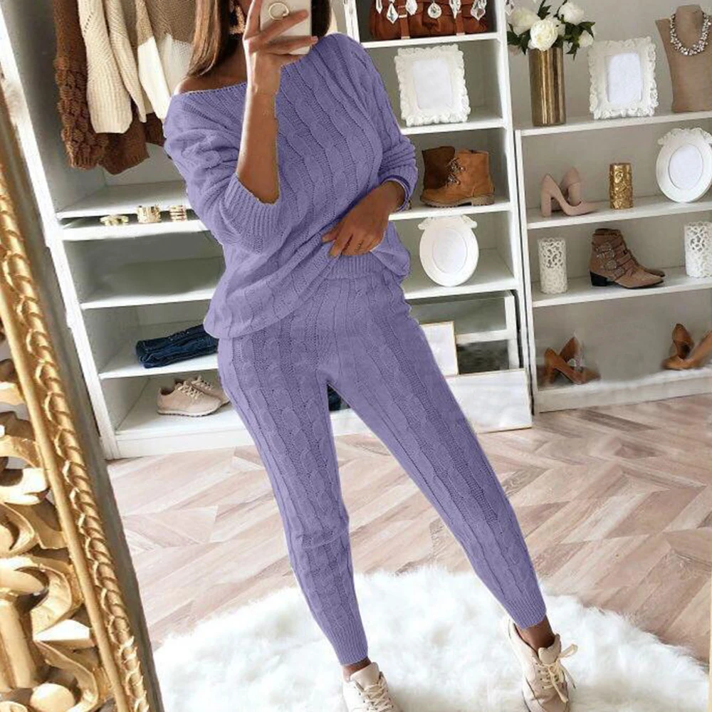 LITTHING Autumn New Cotton Tracksuit Women 2 Piece Set Sweater Top+Pants Knitted Suit O-Neck Knit Set Women Outwear 2 Piece Set
