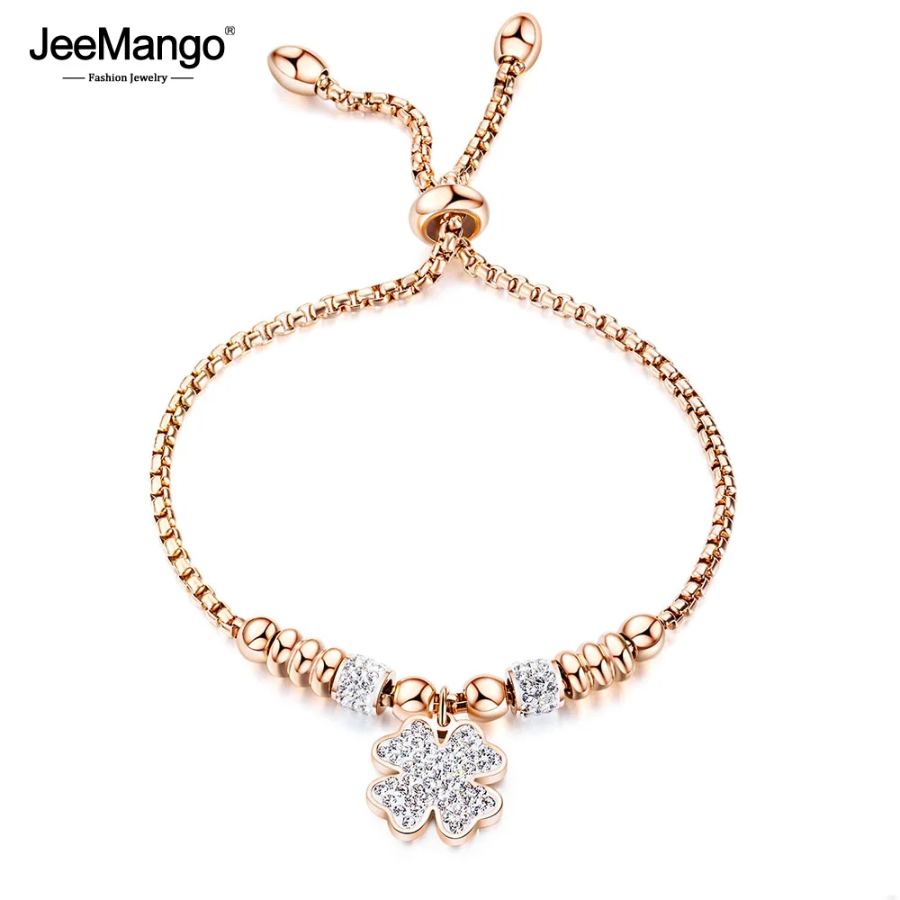 

JeeMango Titanium Stainless Steel Mosaic Crytal Flower Charm Bracelets For Girls Rose Gold Adjustable Chain Bracelet JOGS1023