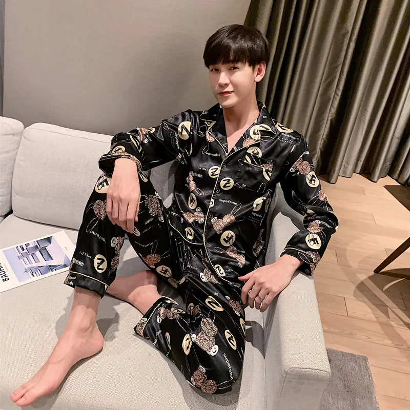 Spring Silk Pyjama Set Men Sleepwear Satin Pajamas Autumn Home Suit Printed Lounge Pants Nightgown Sleep Clothes Plus Size XXXL cotton pyjama set