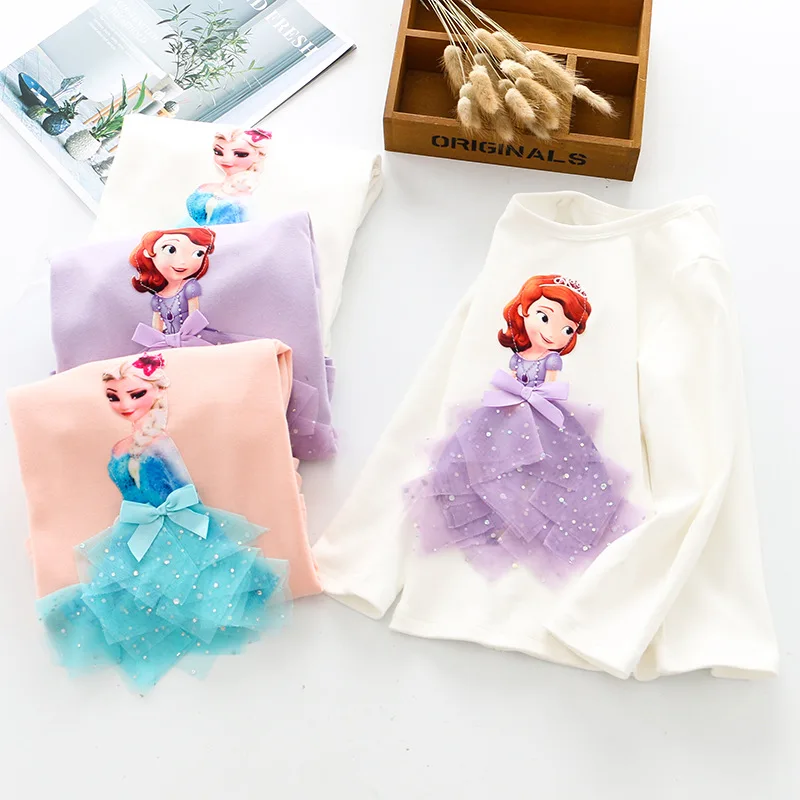 Fashion Long Sleeve T Shirt Cartoon 3D Lace Princess Shirts Elsa/sofia T Shirts Children Outfits Tops Basic Clothing