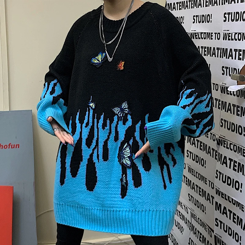 Woherb осень зима для женщин мужчин Harajuku пламя Вязание пуловер свитер бабочка аппликация патч негабаритных джемпер верхняя одежда