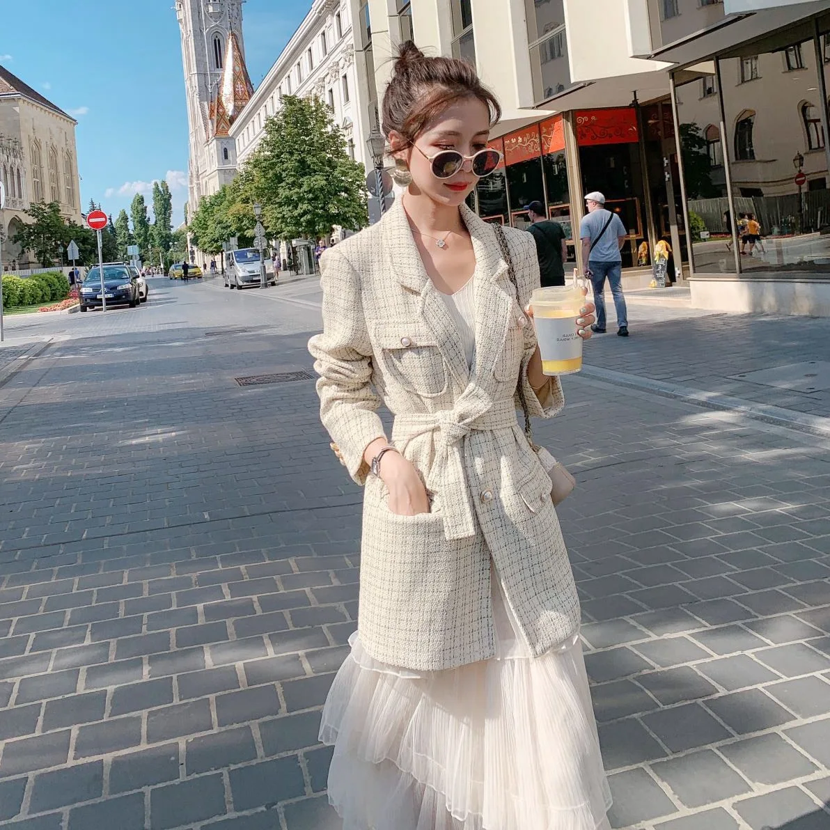 

Photo Shoot Korean-style CHIC Graceful Pearl Clasp Off-white Slim Fit Waist Hugging Lace-up Suit Ol Coat Women's Mid-length