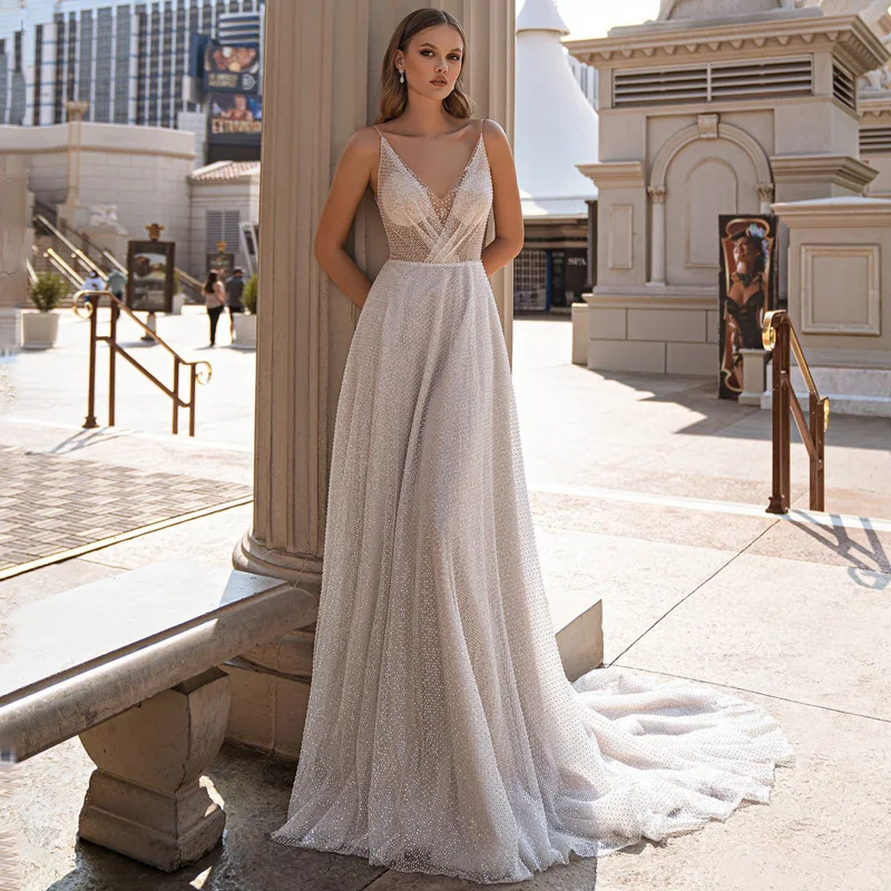 

Сексуальное свадебное платье с блестками, без рукавов, с V-образным вырезом