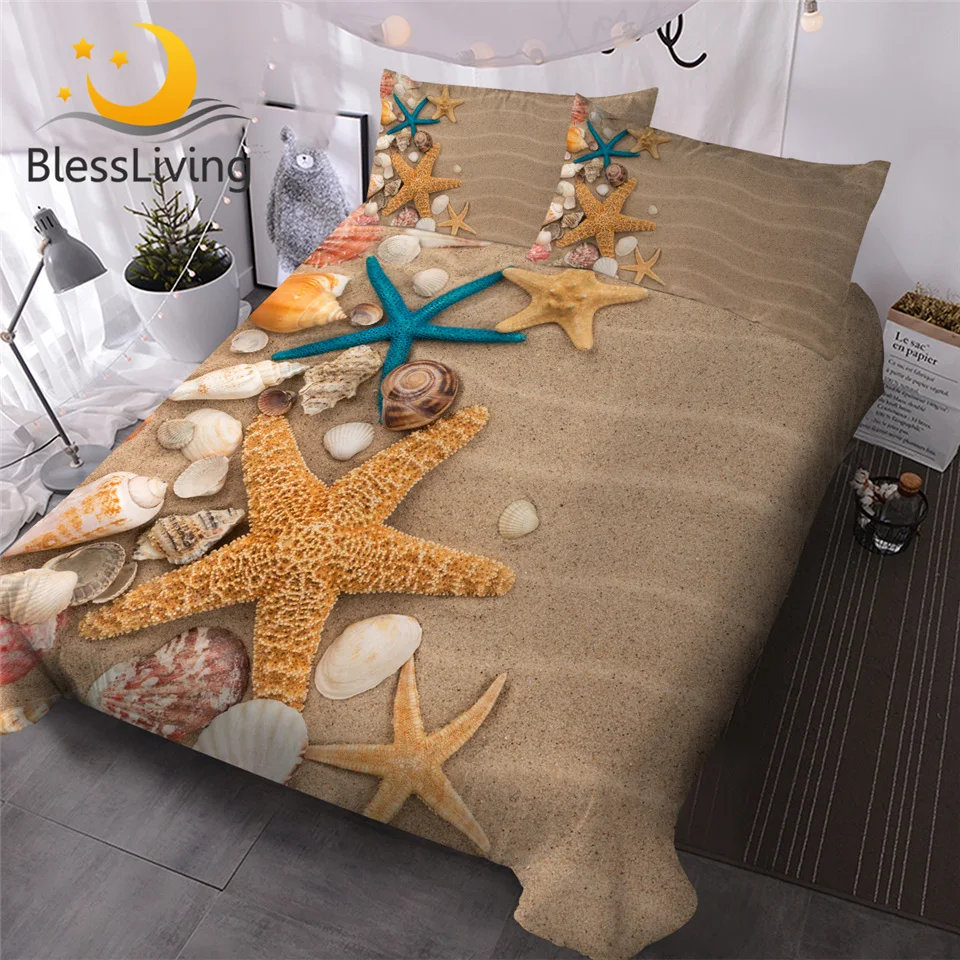 

BlessLiving Beach Seashell Duvet Cover 3D Print Bedding Set 3 Pieces Realistic Home Textiles Sand Starfish Bed Cover Sets Queen