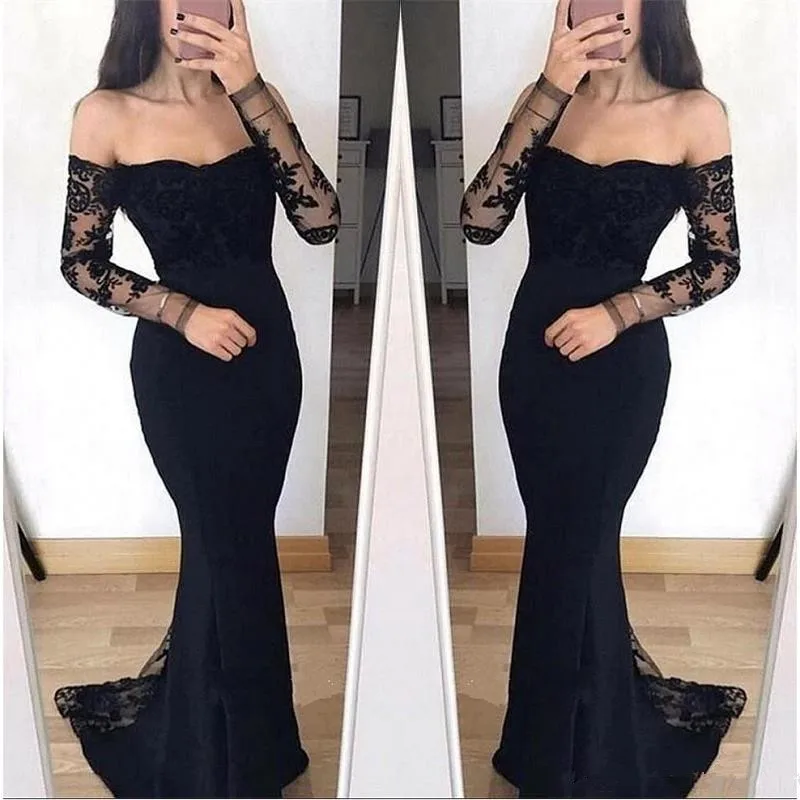 Сексуальное черное платье русалки для выпускного вечера Vestidos De Fiesta De Noche Largos Elegantes вечернее платье с длинным рукавом Вечерние платья на заказ - Цвет: Черный