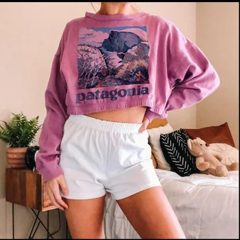 

New Pullover Hoodies Fashion Women's Casual Landscape Print Short Sweatshirt Long Sleeve O Neck Crop Short Tops Moletom 2020