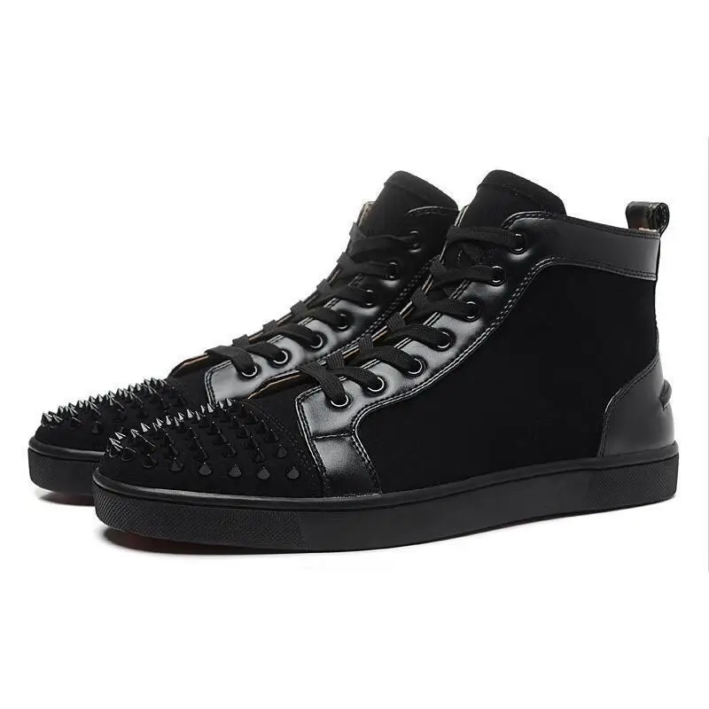 

Red bottom shoes New Unisex Popular Black PU Flock Mens Boots Lace-Up Spikes Rivets Bottom Flats Casual Shoes Men Luxury Designer Studded Fashion38-46