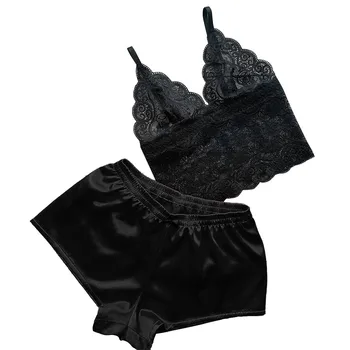 

satin pyjamas women Tracksuit Women Satin Sexy Style Lace V-Neck Camisole Bowknot Shorts Set Sleepwear Pajamas Lingerie Пижама