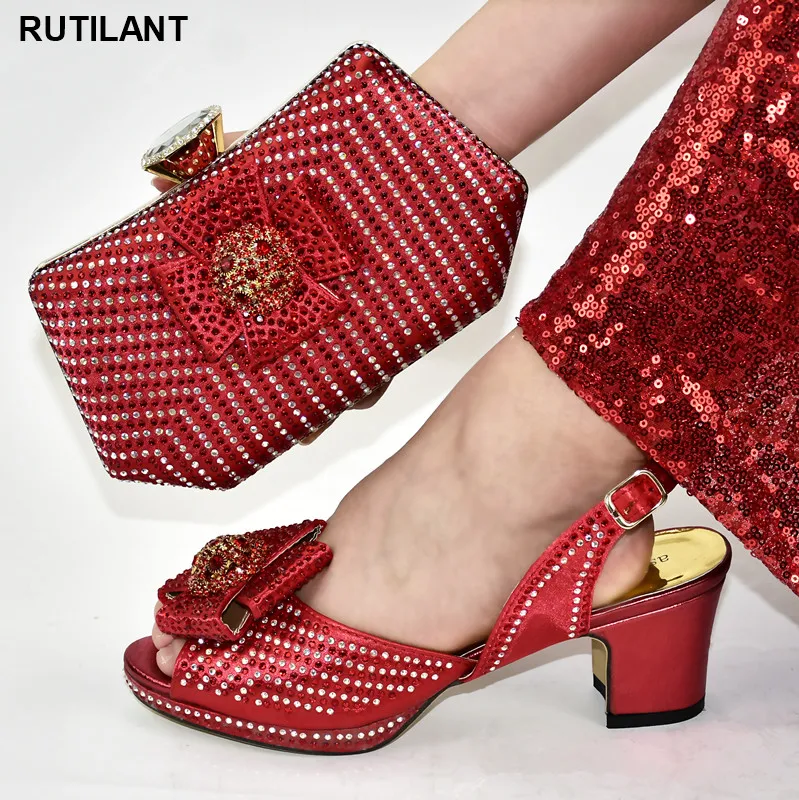 

Latest Design Red African Italian Shoes and Bag Set Decorated with Rhinestone Italy Shoes and Bag Sets Shoes for Summer Women