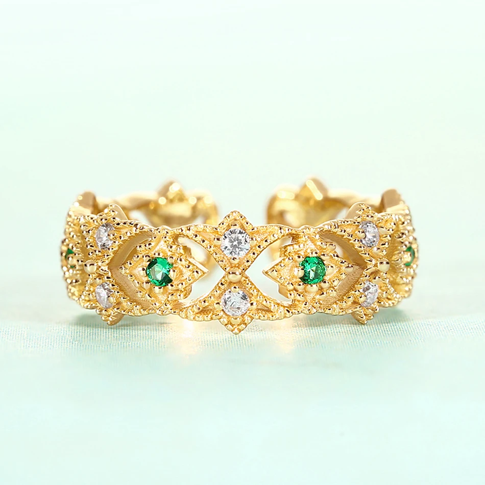ALLNOEL 925 Sterling Silver Ring Vintage Emerald White Zircon Real Gold-plated Openwork Vingtage Design Wedding Engagement Ring
