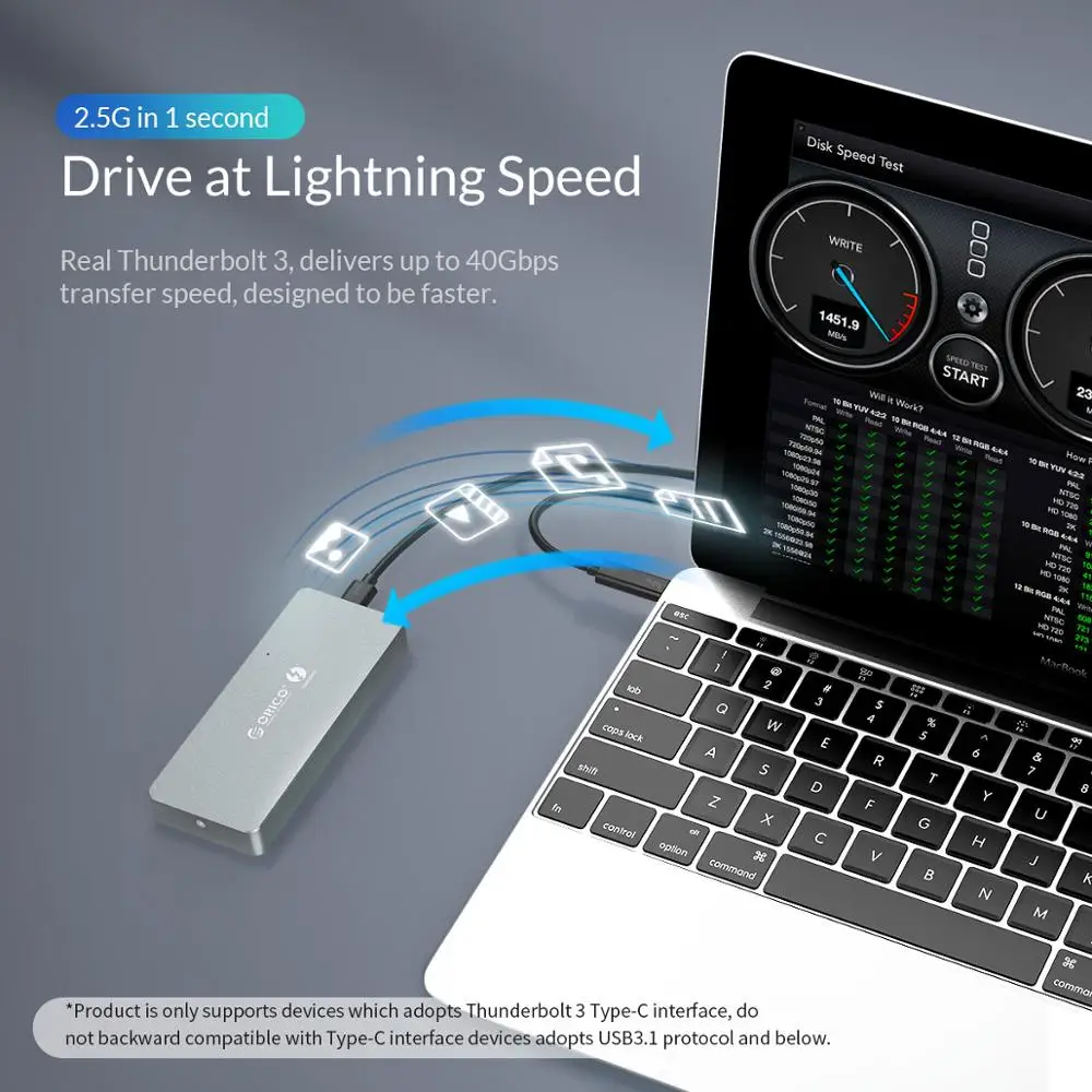 Жесткий диск ORICO Thunderbolt 3 40 Гбит/с NVME M.2 SSD корпус 2 ТБ алюминиевый type C с кабель USB