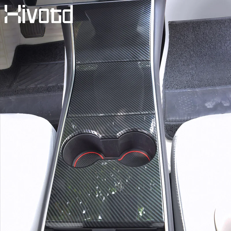 Hivotd For Tesla model 3 Accessories Central Console Water Cup Panel Cover Carbon Fiber Decoration Sticker Car Styling