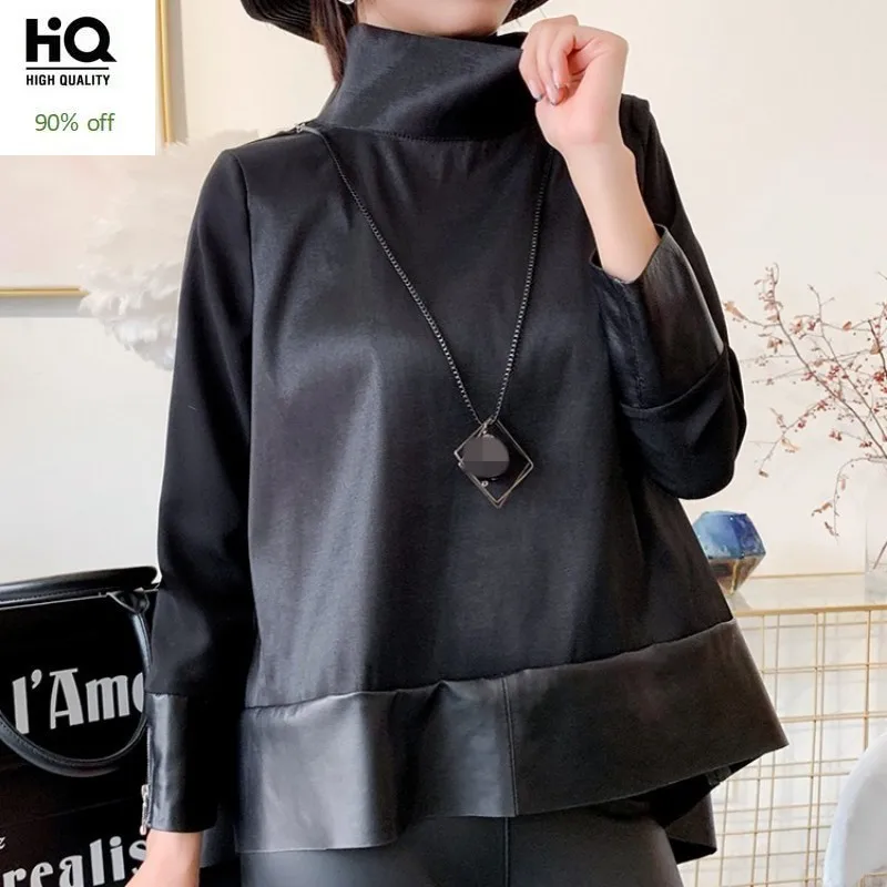 

Genuine Leather Chiffon Spliced Pullover Jacket Women Streetwear Autumn Black Loose Fit Sheepskin Long Sleeve Short Coat Tops