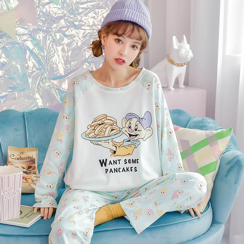 Disney Cartoon Snow White Dwarf Long Pajamas Set Lady Autumn Winter Cotton Long Sleeve Trousers Suit Printing Kawaii Pyjamas Set