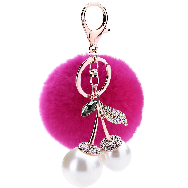 

Fashion Fluffy Pompon Rabbit Fur Ball Pom Pom Keychain Pearl Key Chain Women Bag Charm Trinket Gold Car Key Ring Jewelry Gift