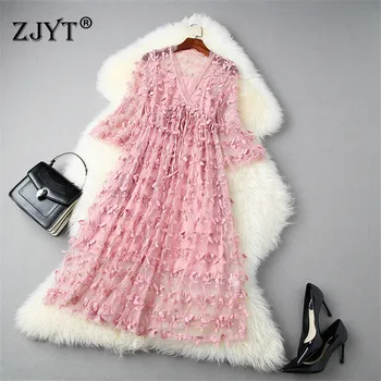 

Fashion Women Summer Clothes High Quality Designer Flare Sleeve V Neck Embroidery Mesh Lace Party Dress Vestidos