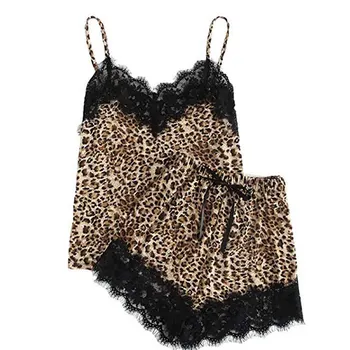 

Women Casual 2pcs Sleepwear Set Lace Leopard V Neck Sling Top T Shirt Shorts Pants NFE99