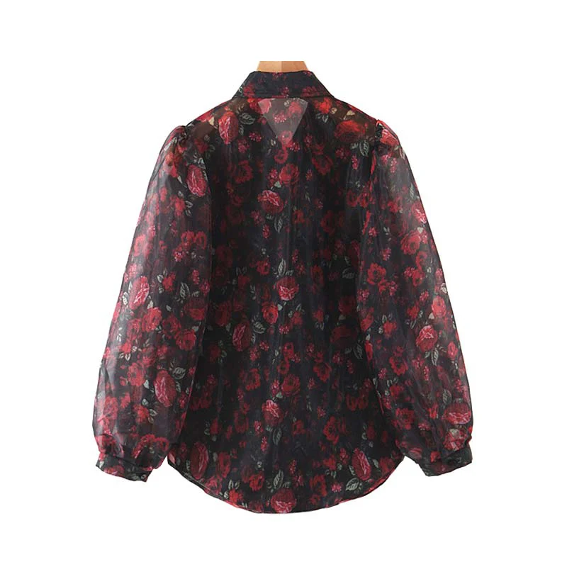 Vintage Stylish Floral Print Organza Blouse Women Fashion Lantern Sleeve See Through Sexy Female Shirts Blusas Chic Tops