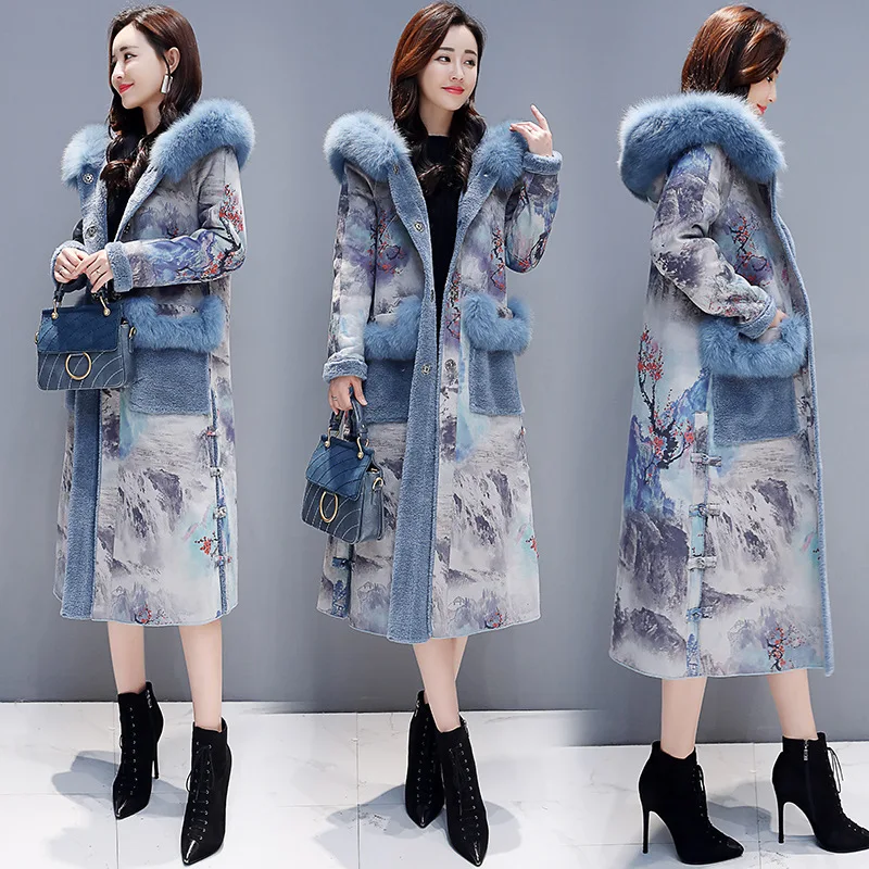 

Cross Border WOMEN'S Dress Retro Ink Printed Mid-length Cotton Coat Suede Fur Brushed And Thick Winter Style Cotton-padded Cloth