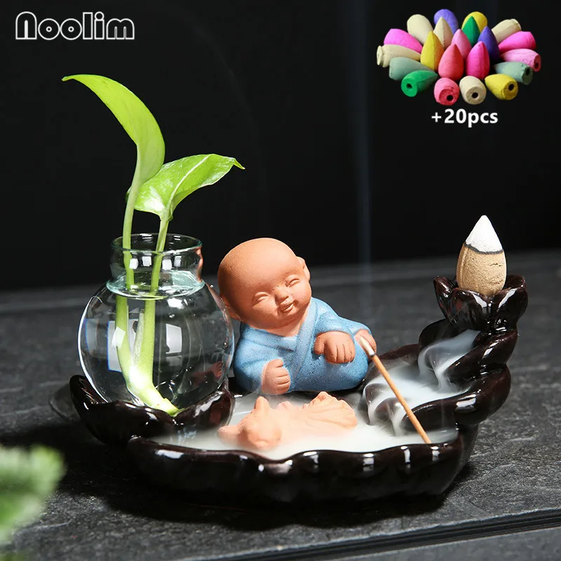 With 20pcs mixed-B Керамический маленький монах курильница для благовоний горелка креативный Лотос ладан держатель для Рожков водопад курильница домашний декор+ 20 шт пирамидки благовоний - Цвет: With 20pcs mixed-B