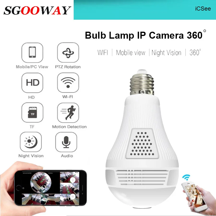 Sgooway 360 градусов светодиодный светильник 960 P/1080 P беспроводной панорамный домашний охранный WiFi CCTV рыбий глаз лампа ip-камера в форме лампы