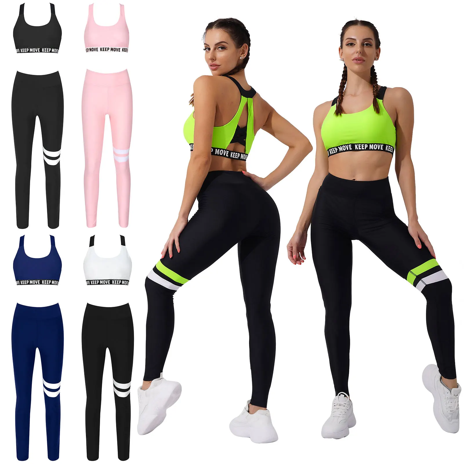 

Women Color Contrast 2Pcs Sport Suit U Neck Removable Bust Pads Racer Back Sport Bras Tops And Pants Set For Running Gym Yoga