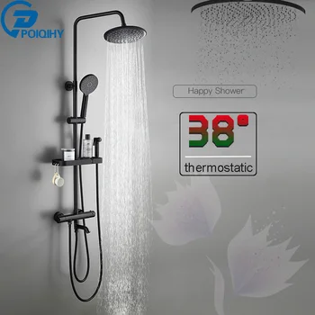 

POIQIHY Black Thermostatic Shower Faucet Rainfall Bathroom Shower Mixer Tap Waterfall Bath Shower Column Rotatable Spout
