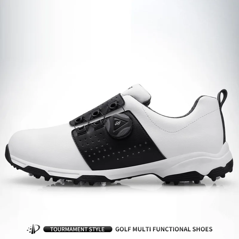 Pgm обувь для гольфа мужские кожаные водонепроницаемые кроссовки противоскользящие автоматические шнурки мягкая удобная дышащая Спортивная обувь для гольфа - Цвет: White Black