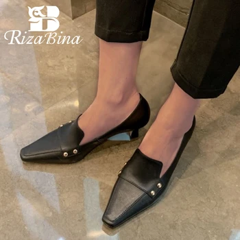 

RIZABINA Real Leather High Heel Shoes Woman Office Ladies Slip On Retro Thin Heels Ladies Basic Pumps Footwear Size 33-40