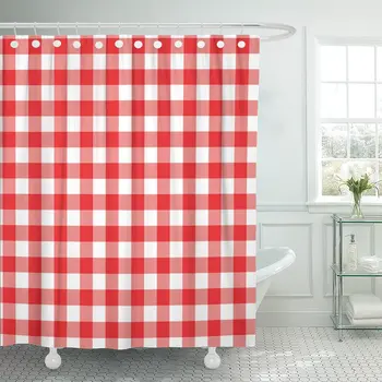 

Checks Red and White Gingham Checkered Pattern Shower Curtain Polyester Fabric 72 x 78 inches Set with Hooks