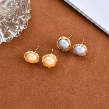 

New S925 Sliver Freshwater Pearls Studs Earrings Fashion Women Gold Gray Color Chic Korea Style Women Earrings Good Gift