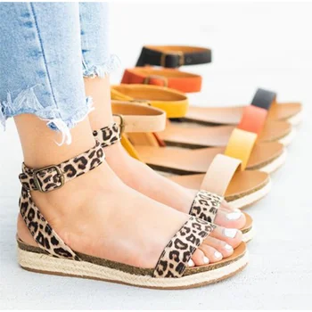 

Summer Women Leopard Sandals Ankle Buckle Hemp Platform Female Peep Toe Sandals Ladies Retro Comfortable Casual Shoes