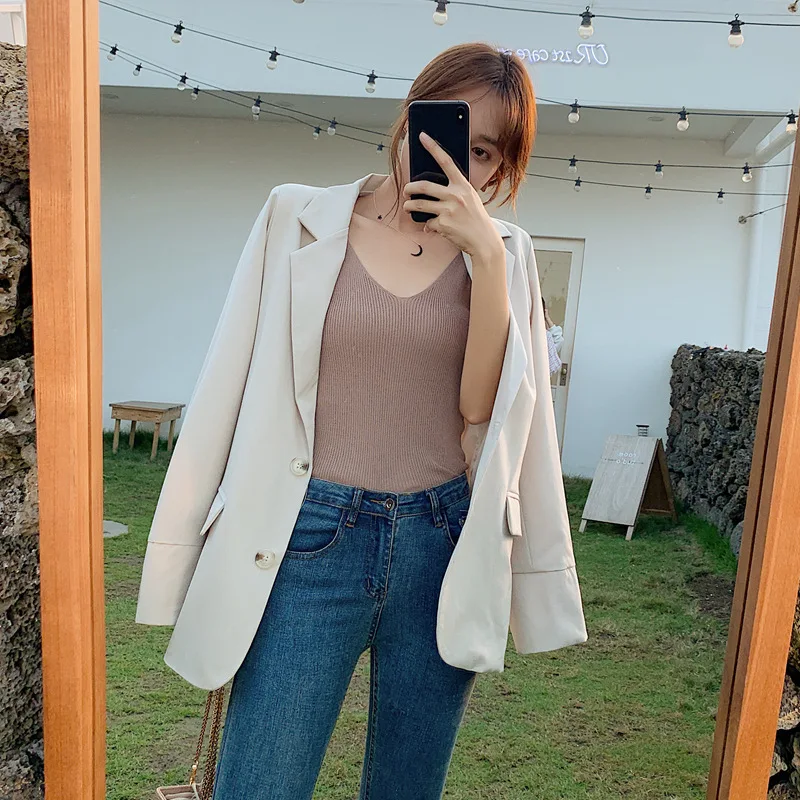 

2019 Autumn And Winter New Style Korean Series CHIC Solid Color Elegant Large Pocket Small Suit Coat