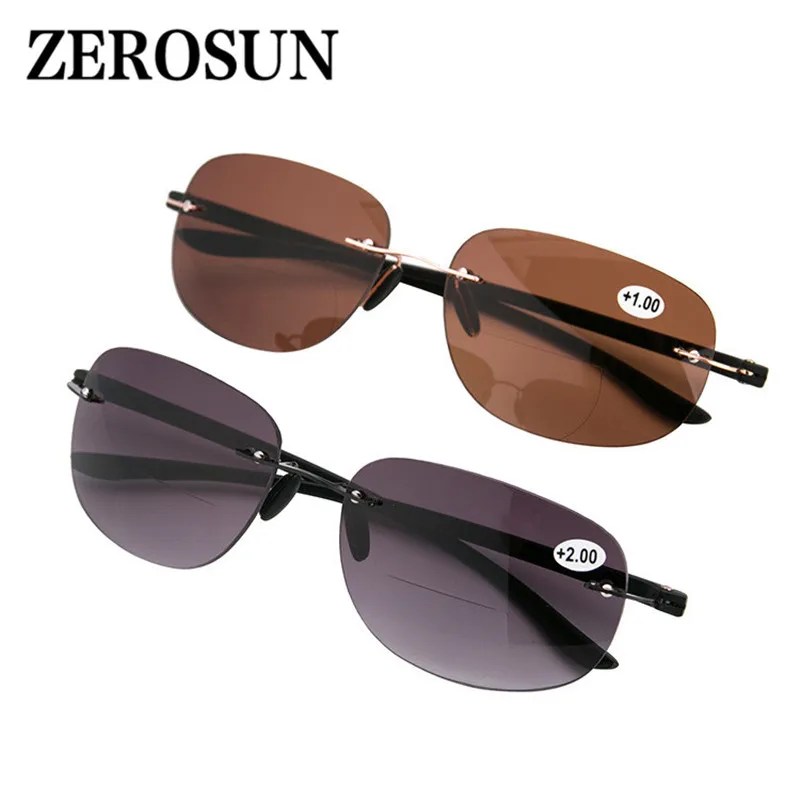 Zerosun, бифокальные очки для чтения, мужские очки без оправы, для чтения диоптрий, мужские, серые, коричневые, не отражающие, UV400, для рыбалки, езды