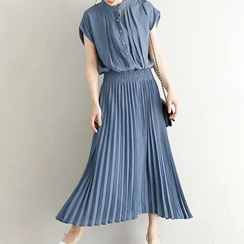 

Solid Color Pleaed Long Dress Women Summer Short Sleeve Ankle-Length Korean Japanese Causal Plain Dress Vestidos Preppy Style