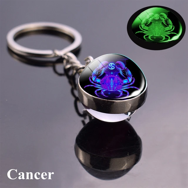12 Constellation Luminous Keychain Glass Ball Pendant Zodiac Keychain Glow In The Dark Key Chain Holder Men Women Birthday Gift Cancer Blue