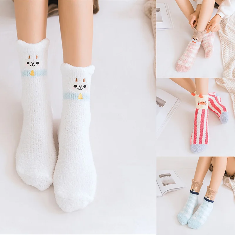 Женские носки с мультяшными животными, Рождественские теплые домашние носки-тапочки с объемными ушками, XRQ88