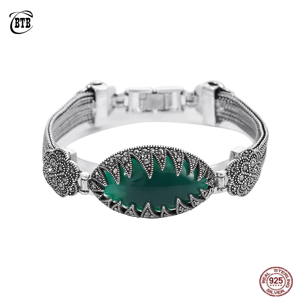 925 пробы, серебряный винтажный браслет, черные хрустальные цветы, Овальный натуральный зеленый/красный/синий драгоценный камень, тайские серебряные ювелирные изделия для женщин