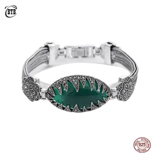 925 пробы, серебряный винтажный браслет, черные хрустальные цветы, Овальный натуральный зеленый/красный/синий драгоценный камень, тайские серебряные ювелирные изделия для женщин