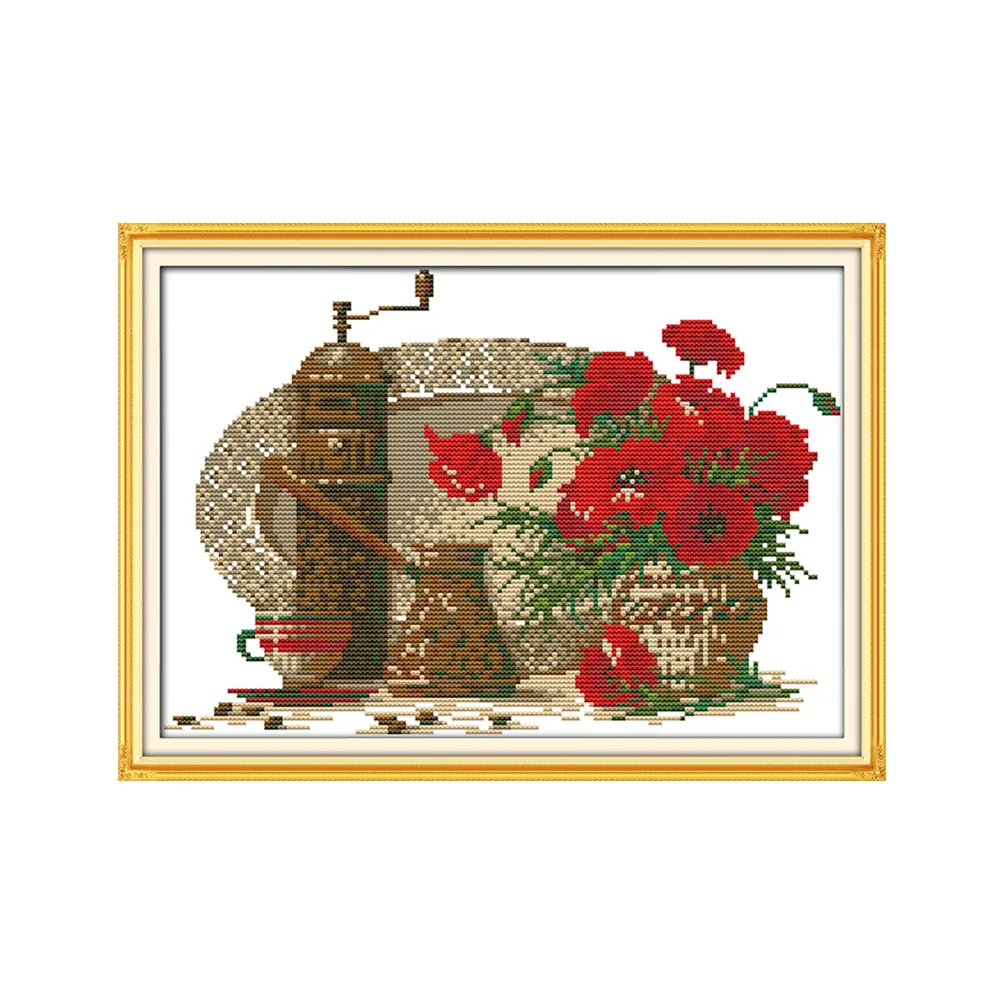 Teacup and poppy cross stitch kit cartoon 14ct 11ct count print canvas stitching embroidery DIY handmade needlework | Дом и сад