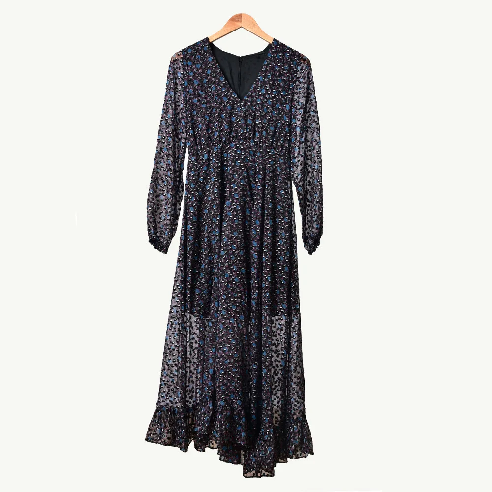 

Women Puff Sleeve Asymmetric Long Dress V Neck Long Sleeve Spring Summer Midi Dress