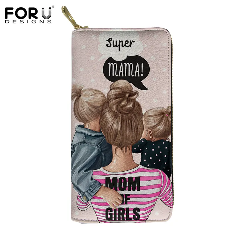 FORUDESIGNS Super Mom&Baby Design Ladies Multifunction Solid Credit Coin Purses With Zipper Female PU Leather Carteira Feminina