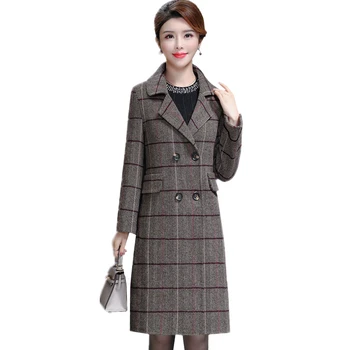 

Autumn Winter Vintage Cashmere Coat Ladies Double-breasted Woolen Coat Fashion Slim Plus Size Long Plaid Overcoat Women Outwear