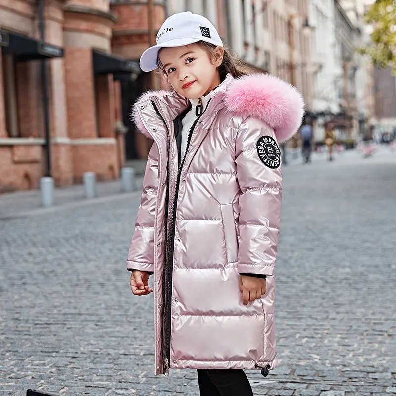 Модная детская пуховая куртка теплая водонепроницаемая пуховая парка для девочек Утепленная зимняя верхняя одежда с мехом для подростков-30 градусов - Color: Pink
