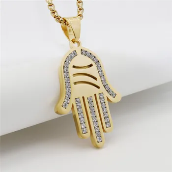 

Iced Out Hamsa Hand of Fatima Palm Pendant Necklace Stainless Steel Chain Gold Color Cubic Zircon Men's Hip Hop Jewelry Gift