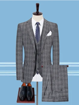 

Roettoni Men's Blzaer 3 Pcs Checked Slim Fit Wedding Dinner Party Causal Male Formal Suits Six Colors High Quality 2020 New